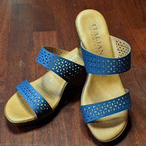 Italian Shoemakers blue laser cut slip on strap wedge sandals 7.5